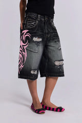 Retro pattern printed washed ripped denim capri pants