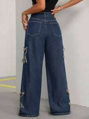 Five-pointed star tassel raw-edge loose straight-leg pants