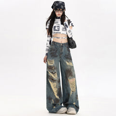Ripped paint graffiti wide-leg jeans