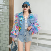 Plus Size Blau Peter Pan Kragen Pailletten Denim Mäntel Langarm