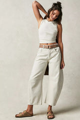 Casual Loose Wide-Leg Pants Mid-Waist Washed Denim Trousers