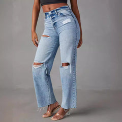 Sky Blue Light Wash Frayed Slim Fit High Waist Jeans