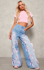 Bow high waist wide leg jeans