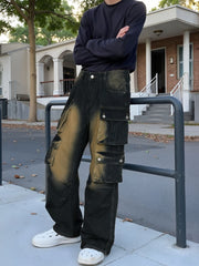 Loose straight-leg multi-pocket wide-leg jeans