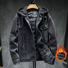 Patchwork print hooded denim jacket