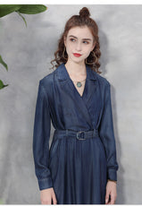 Vestido vaquero de manga larga con cuello Peter Pan y cintura anudada, estilo patchwork, color azul marino francés