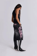 Retro pattern printed washed ripped denim capri pants