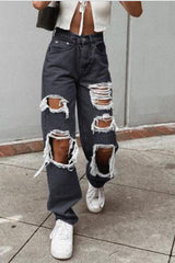 Trendy Ripped Holes Solid Color Straight Cut Jeans