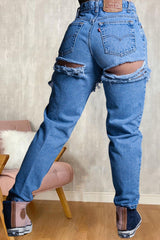 Trendy einfarbige, zerrissene Straight Jeans mit Raw Edge
