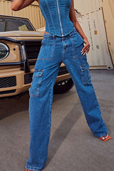 Vaqueros casuales de pierna recta, color liso y con múltiples bolsillos