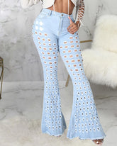Hollow Out Raw Hem Flare Leg Jeans