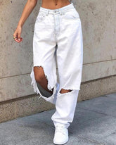 Vaqueros de pierna recta, cintura media, rotos y destruidos