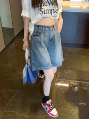 Shorts vaqueros azules retro de tiro alto y pierna ancha