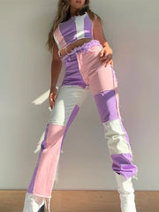 Pastellfarbene Patchwork-Boyfriendjeans aus Denim