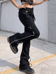 Vaqueros cargo acampanados con cintura baja y detalle de cremallera