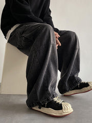 Vaqueros cargo holgados vintage negros para hombre con bolsillos de parche