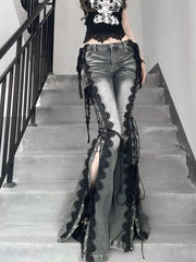 Lace-Tied Split Jeans
