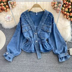 Beaded V-Neck Denim Jacket
