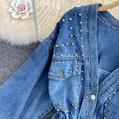 Beaded V-Neck Denim Jacket