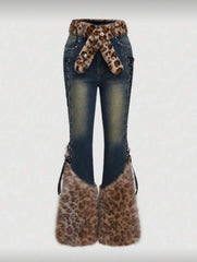 Leopard Print Short Velvet Blended Jeans