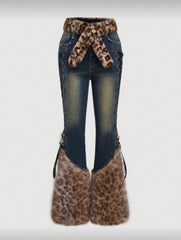 Leopard Print Short Velvet Blended Jeans