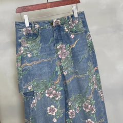 Chic Navy Pockets Floral Patchwork Denim Pants Fall
