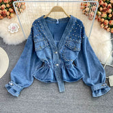 Beaded V-Neck Denim Jacket