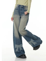 Retro Wide-Leg Bow Tie Denim Pants