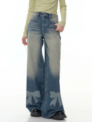 Retro Wide-Leg Bow Tie Denim Pants
