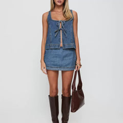 Sleeveless Vest Denim Skirt Set