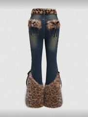 Leopard Print Short Velvet Blended Jeans
