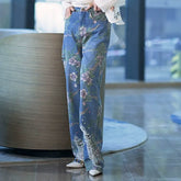 Chic Navy Pockets Floral Patchwork Denim Pants Fall