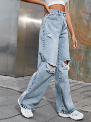 Kancan Jeans mit Knopfleiste und geradem Bein, Used-Look, ungesäumtem Saum