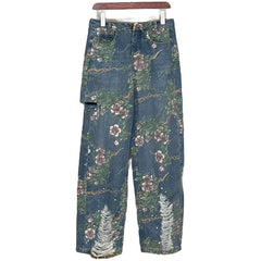 Chic Navy Pockets Floral Patchwork Denim Pants Fall