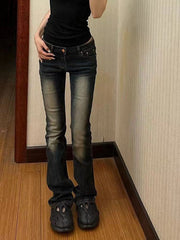 Dunkelblaue Schlaghose mit Vintage-Waschungseffekt und niedriger Taille