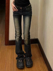 Dunkelblaue Schlaghose mit Vintage-Waschungseffekt und niedriger Taille