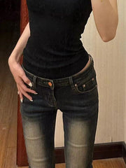 Dunkelblaue Schlaghose mit Vintage-Waschungseffekt und niedriger Taille