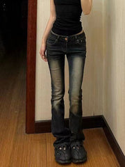 Dunkelblaue Schlaghose mit Vintage-Waschungseffekt und niedriger Taille