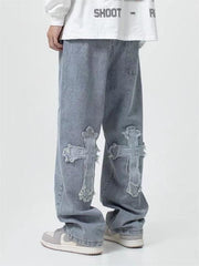 Vaqueros vintage azules para hombre con parche cruzado