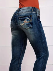 Vintage Bootcut Jeans mit besticktem Patchwork und seitlichem Schlitz
