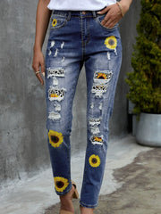 Distressed-Jeans mit hoher Taille und Leoparden-Patchwork-Sonnenblumen-Print