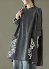 Boho Schwarz Grau-blau blume O-Ausschnitt Taschen Denim Lange Kleider Langarm