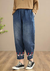 Handmade Casual Pants Oversize Denim Blue-little flower Photography Elastic Waist Trousers