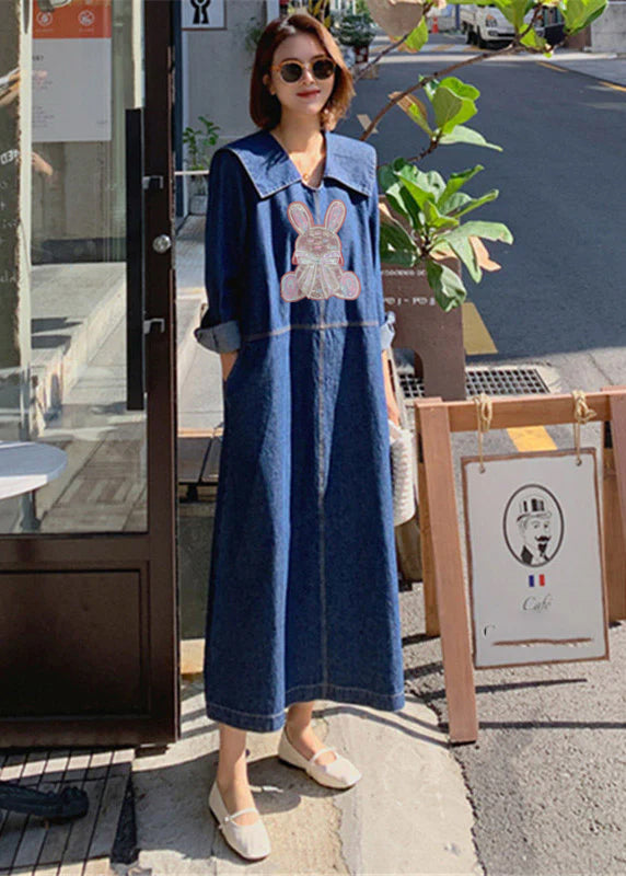 loose jean dress Loose Denim Blue-rabbit Peter Pan Collar Patchwork Pockets Dress Long – Rae Jeans