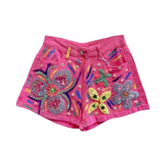 Pink rhinestone flower denim shorts