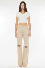 Kancan High-Rise Distressed Flare Jeans in Taupe