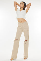 Kancan High-Rise Distressed Flare Jeans in Taupe