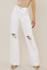 Kancan High-Rise Distressed Flare Jeans in White (Button-Fly)