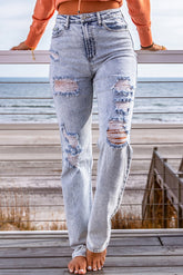 Distressed Straight Leg Jeans mit Taschen