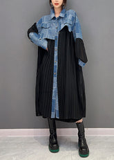 Vestidos de seda con patchwork de tela vaquera y cuello Peter Pan negro